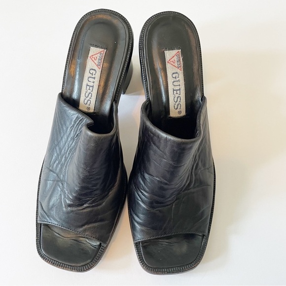 Vintage Guess 90s Leather Block Heel Slides Mule Sandals Square Toe - Picture 2 of 7